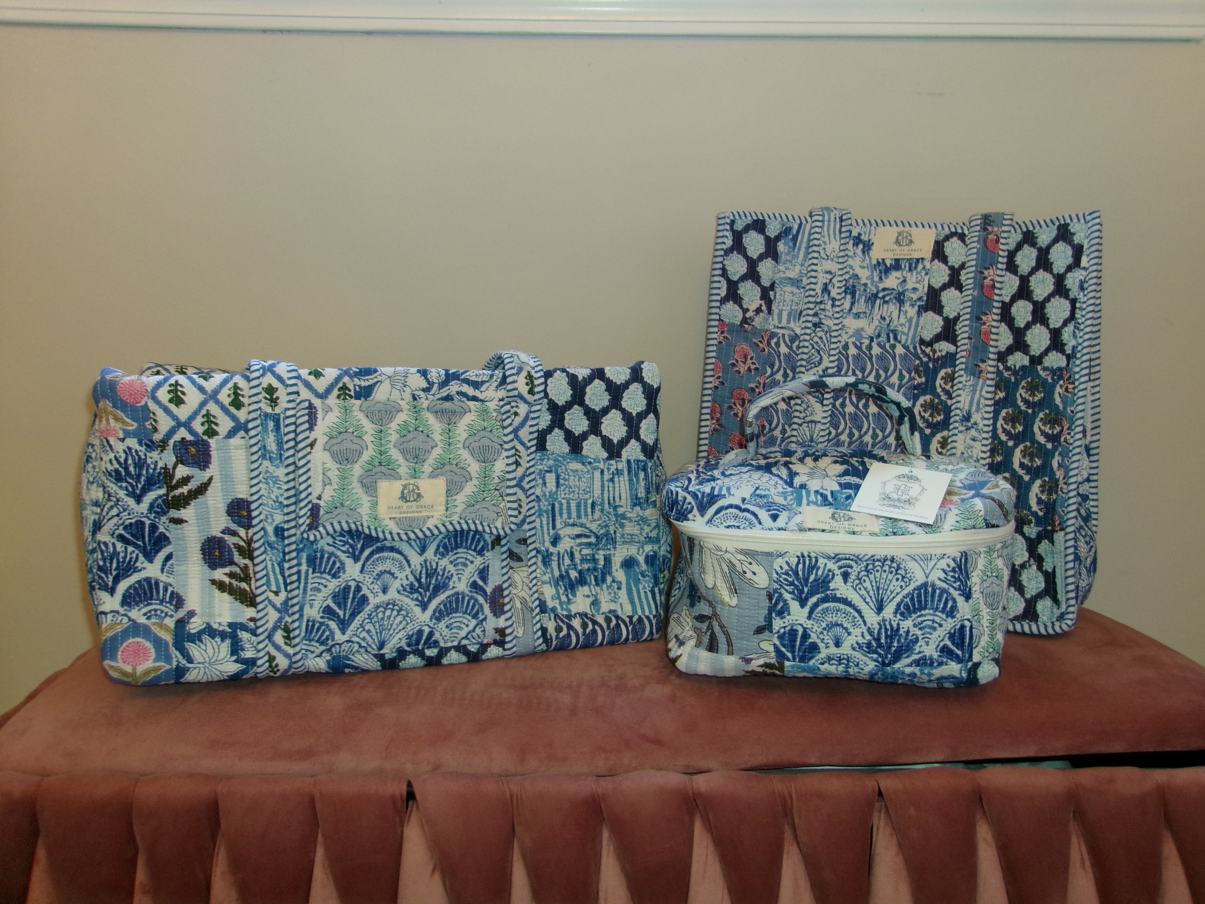 Heart Of Grace- Quilted Blue City Patchwork Cosmetic Bag Set