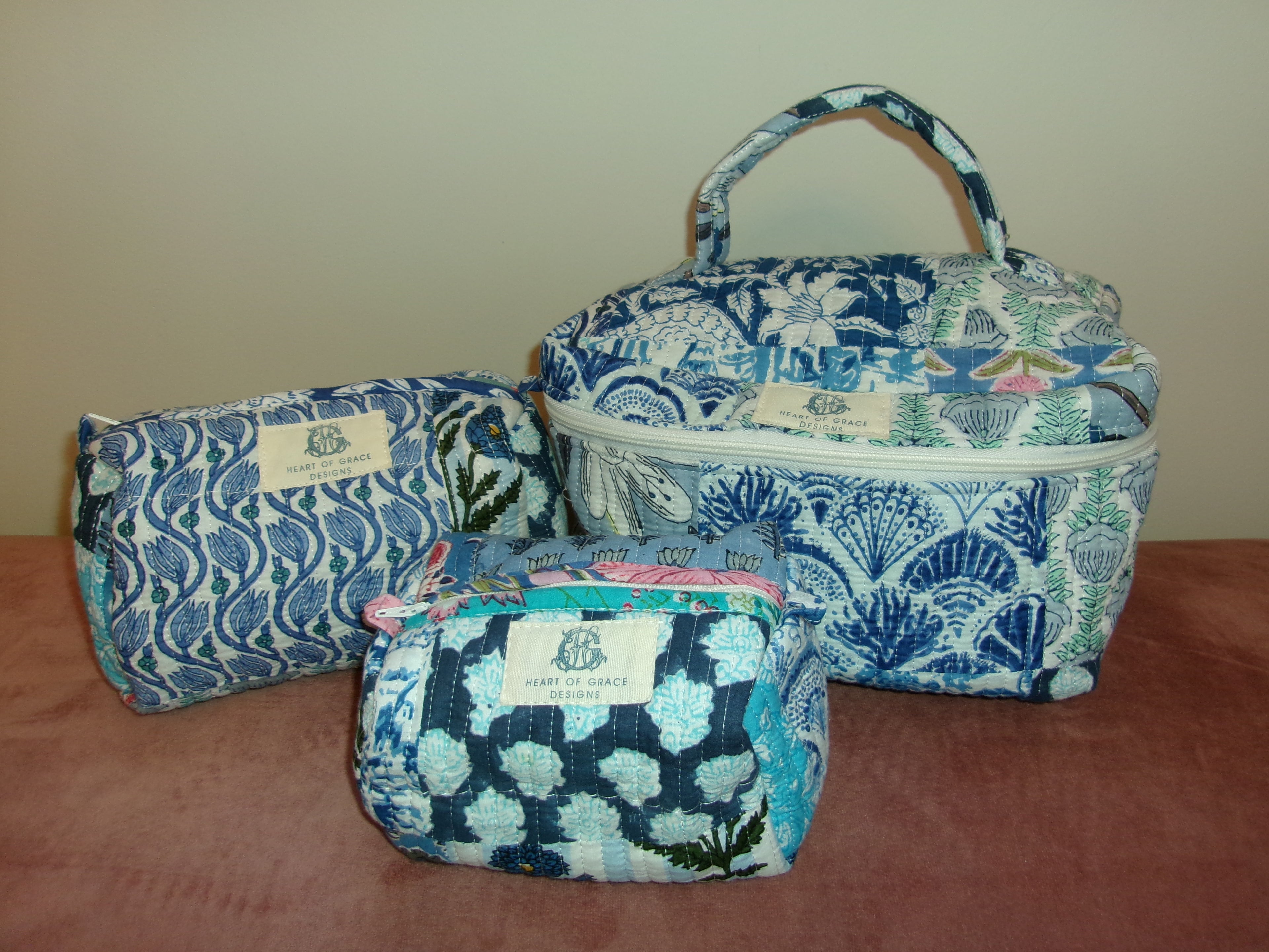 Heart Of Grace- Quilted Blue City Patchwork Cosmetic Bag Set