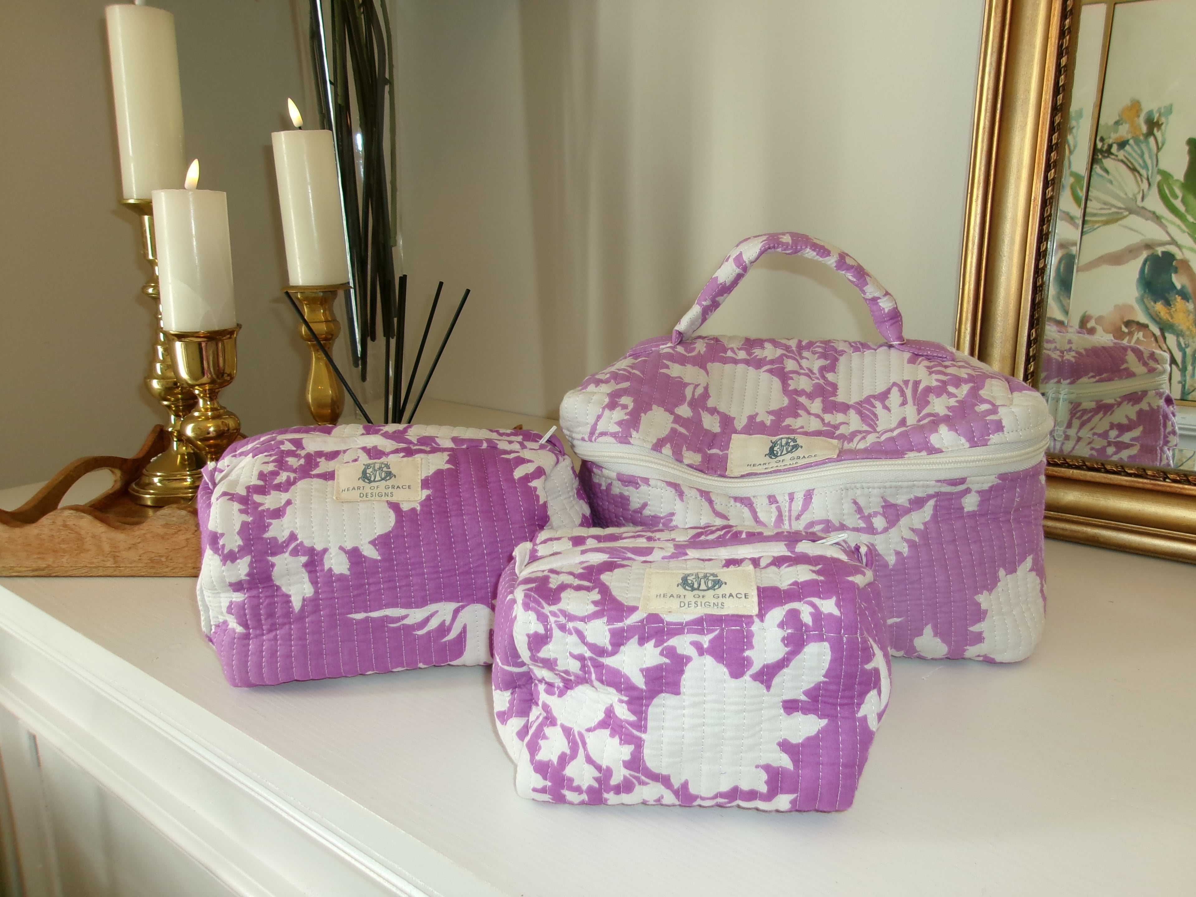 Heart of Grace- Lilac Blossum Quilted Cosmetic Bag Set