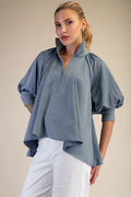 Mock Neck Band Half Zip Puff Elbow Sleeve Blouse