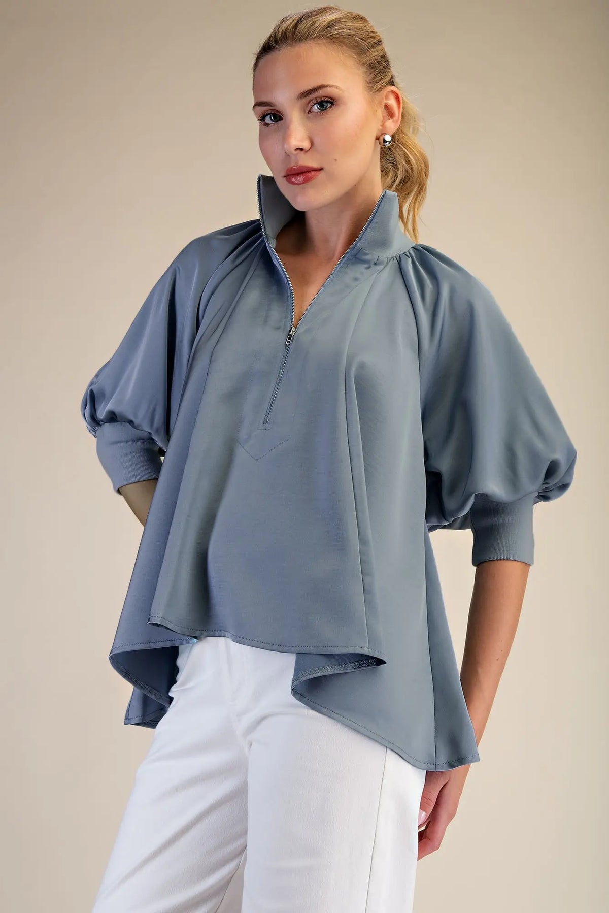 Mock Neck Band Half Zip Puff Elbow Sleeve Blouse