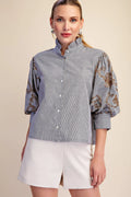 Ruffle Neck Embroidery Puff Sleeve Blouse