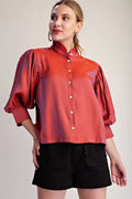 Ruffle Neck Puff Sleeve Button Down Blouse