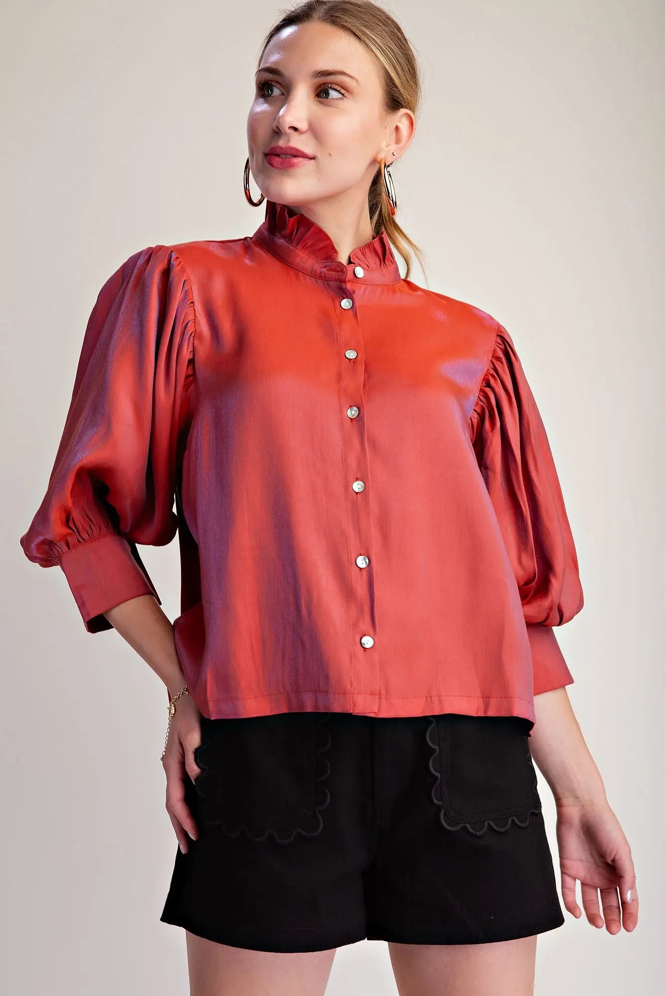 Ruffle Neck Puff Sleeve Button Down Blouse