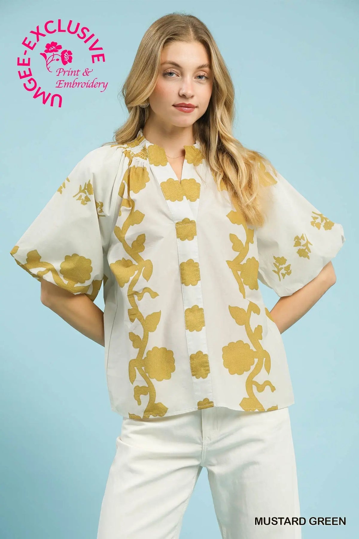 Print Smocked Collared Top