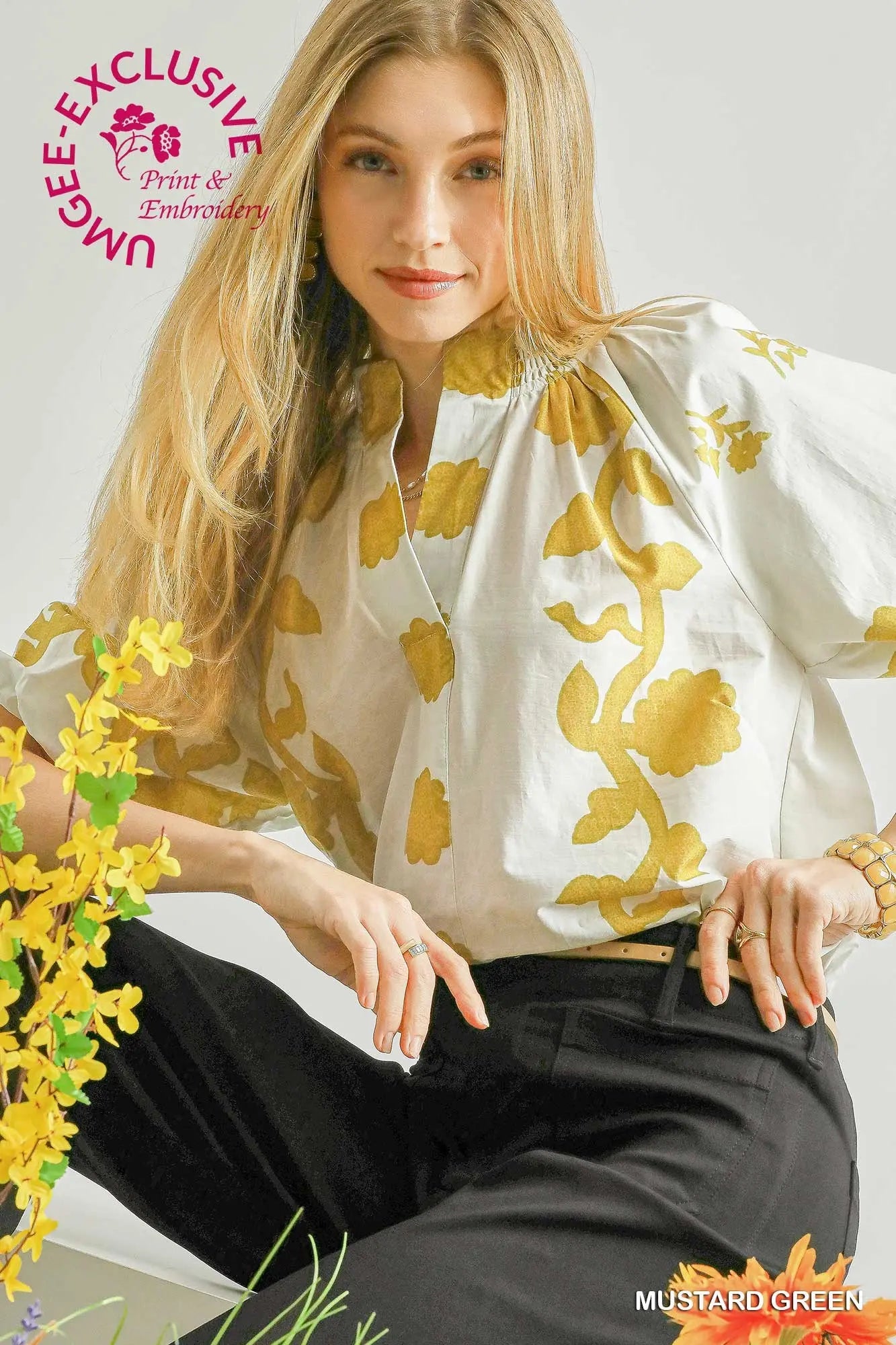 Print Smocked Collared Top