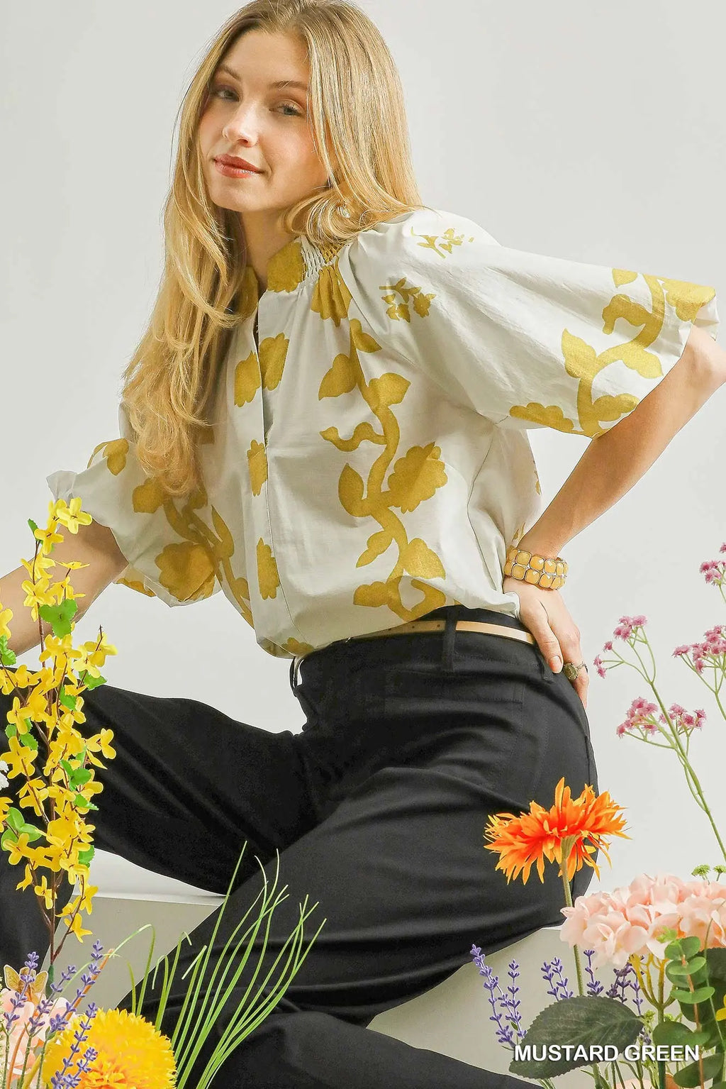 Print Smocked Collared Top