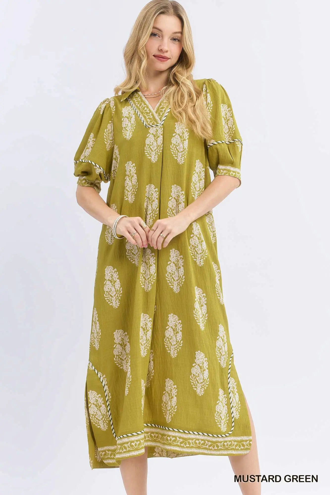 Border Print Collared Midi Dress