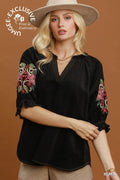 Embroidered Sleeve Corduroy Blouse