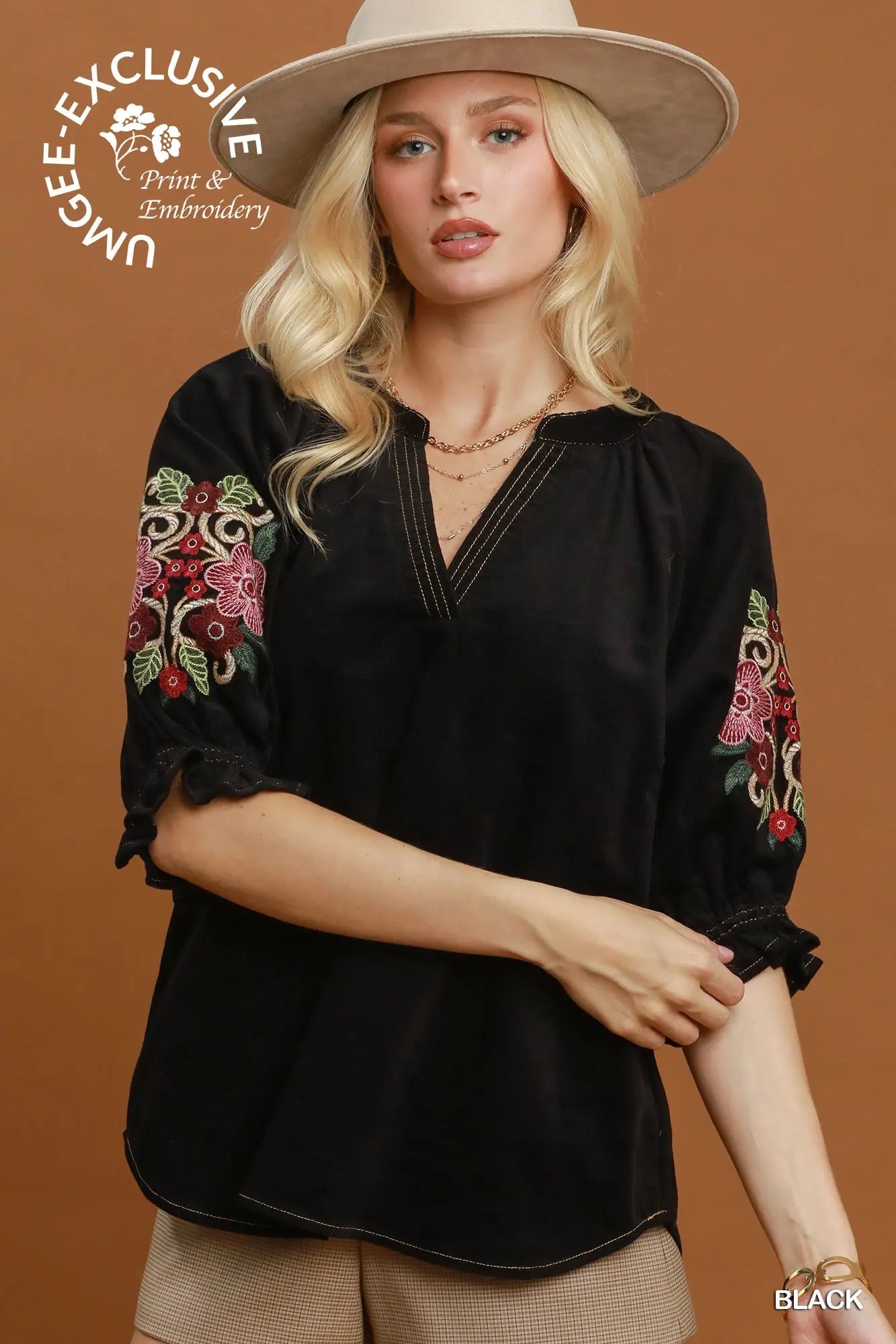 Embroidered Sleeve Corduroy Blouse