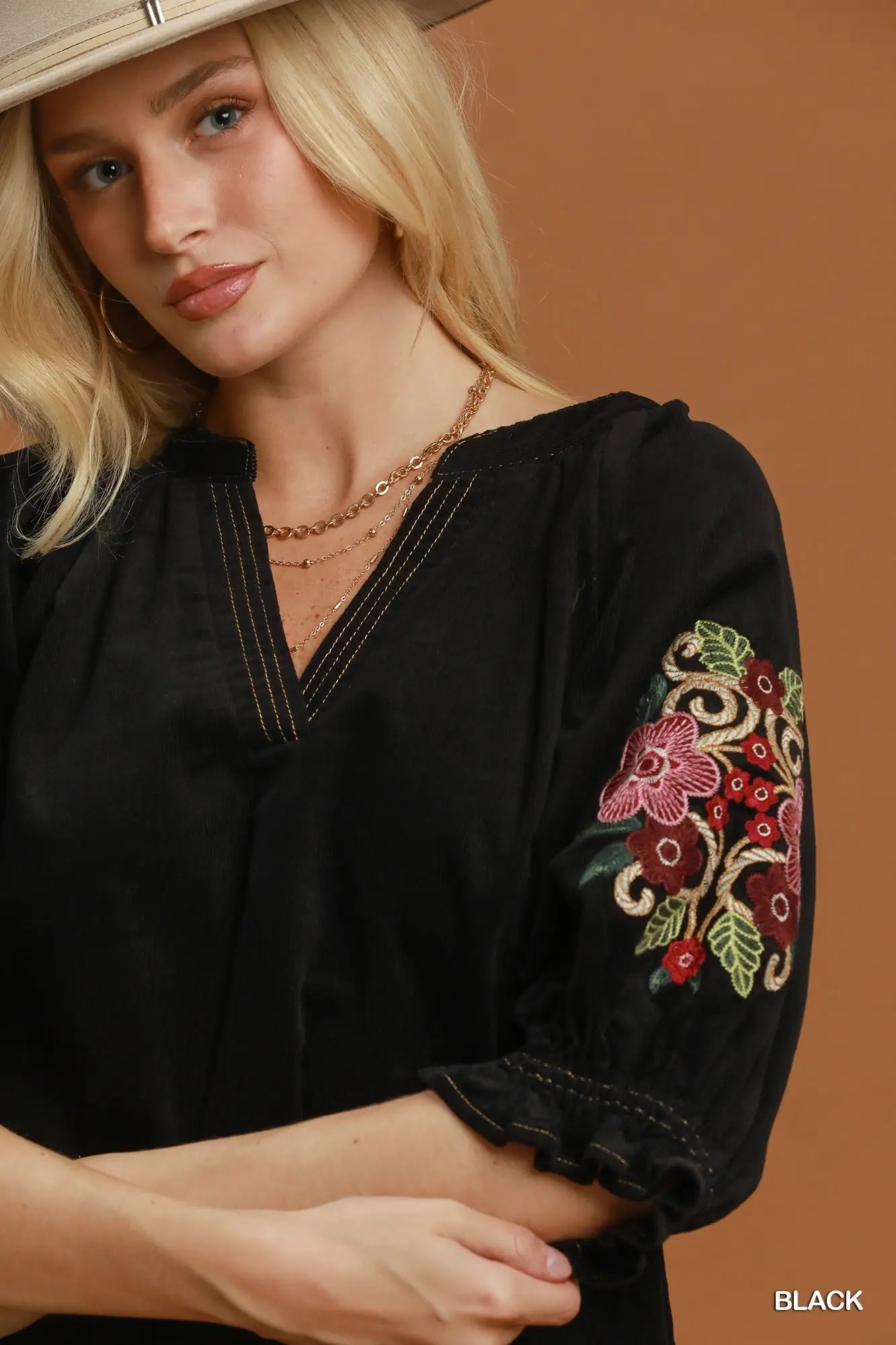 Embroidered Sleeve Corduroy Blouse