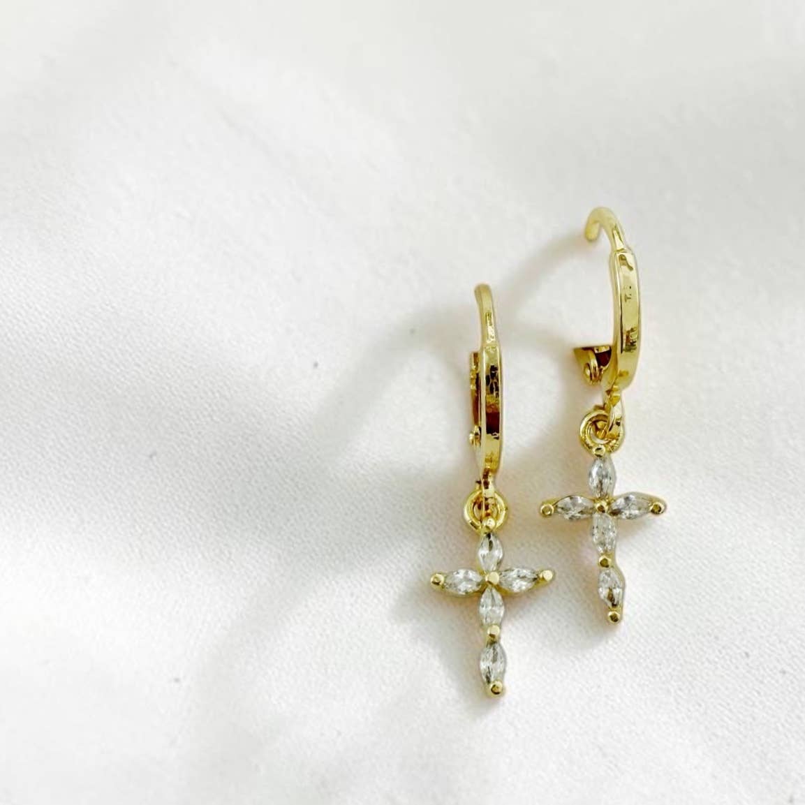 Kristina Religious Cross Huggie Hoops Gold Filled Earrings