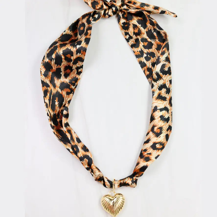 Caroline Hill-  Santee Scarf Heart Charm Necklace Leopard