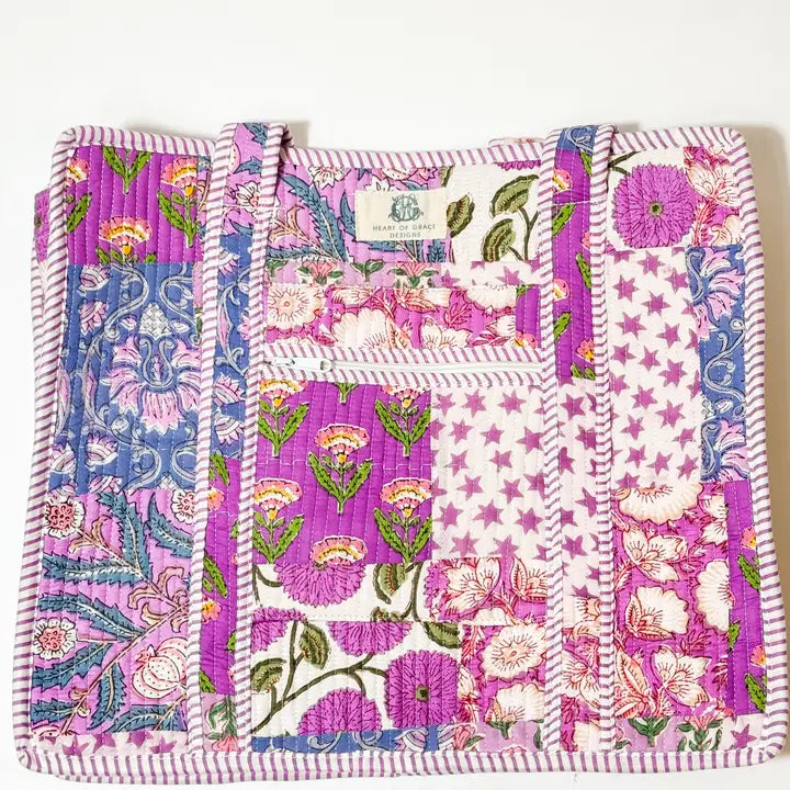 Heart of Grace- Large Quilted Zipper Tote Bag | Starlit Blooms Patchwork