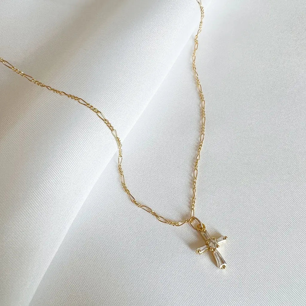 Petite Cz Cross Pendant Necklace Gold Filled