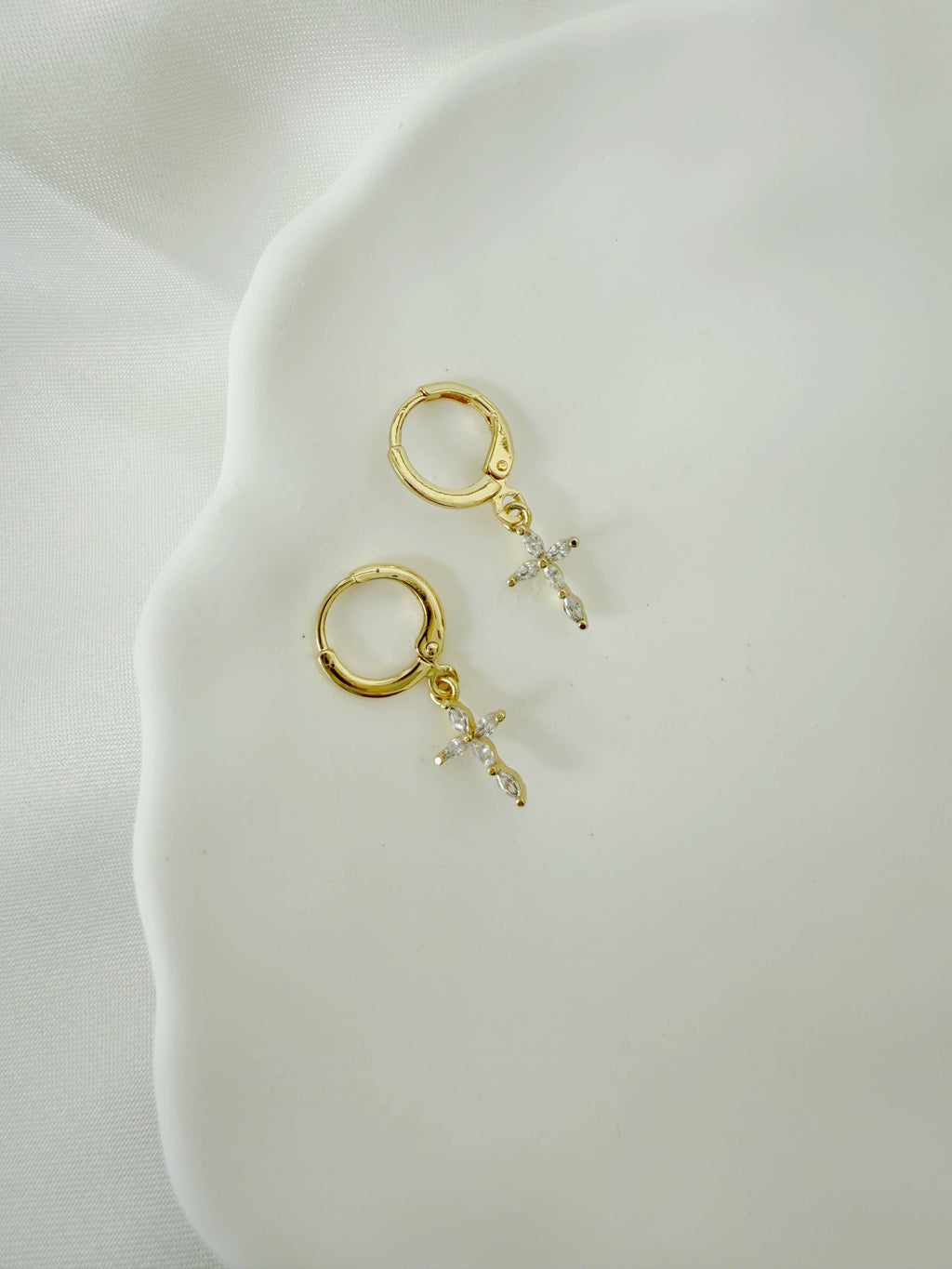 Kristina Religious Cross Huggie Hoops Gold Filled Earrings