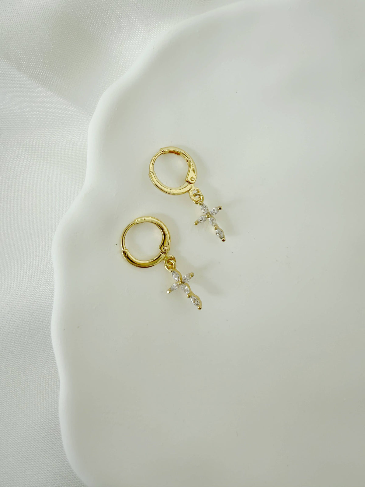 Kristina Religious Cross Huggie Hoops Gold Filled Earrings
