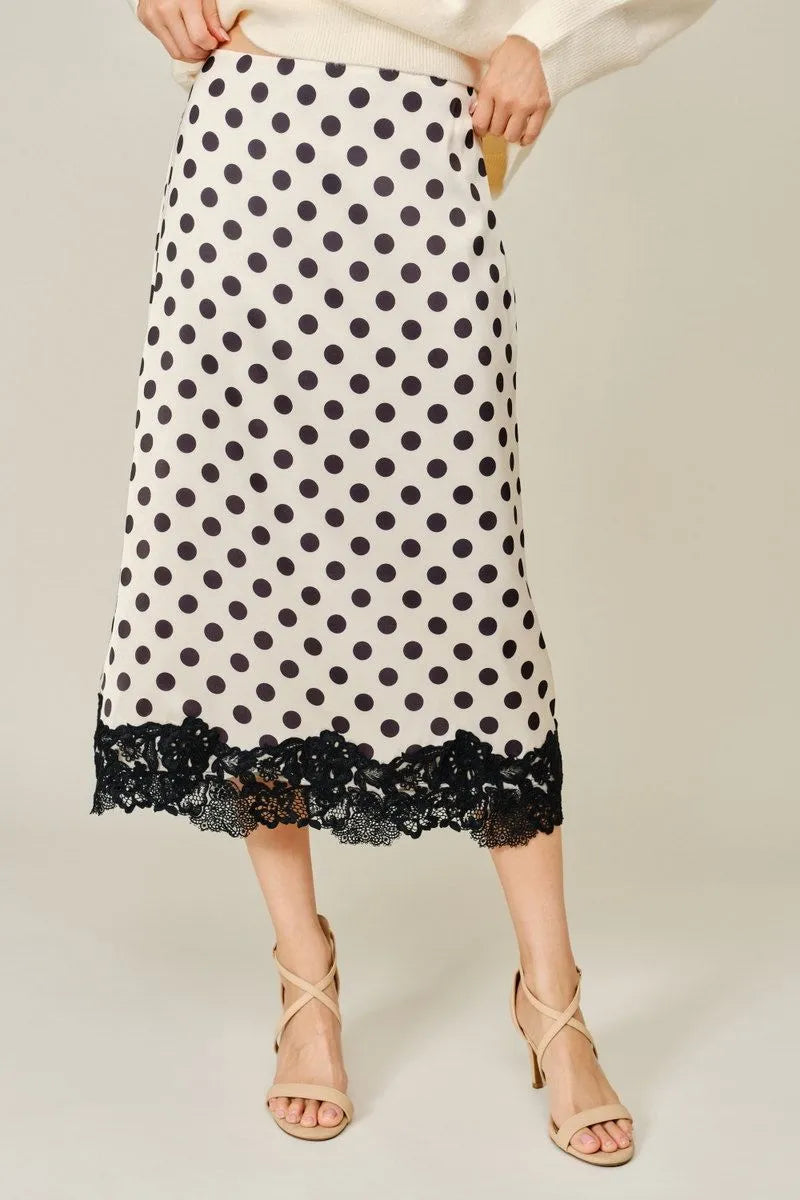 Black and White Polka Dot Skirt with Lace Trim