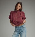 Short Sleeve Bubble Hem Top-Wine Color