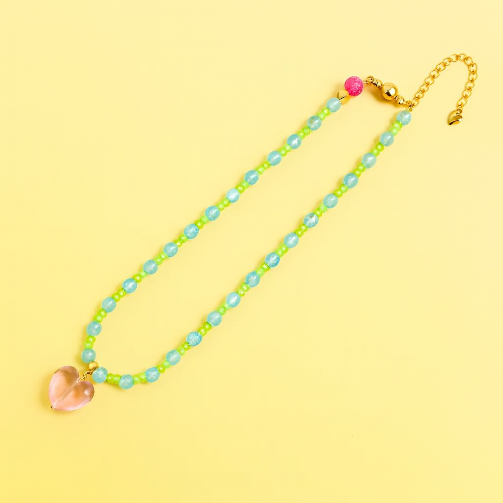 Beaded Necklace - Blue + Green w/ Glass Heart Pendant - Amy