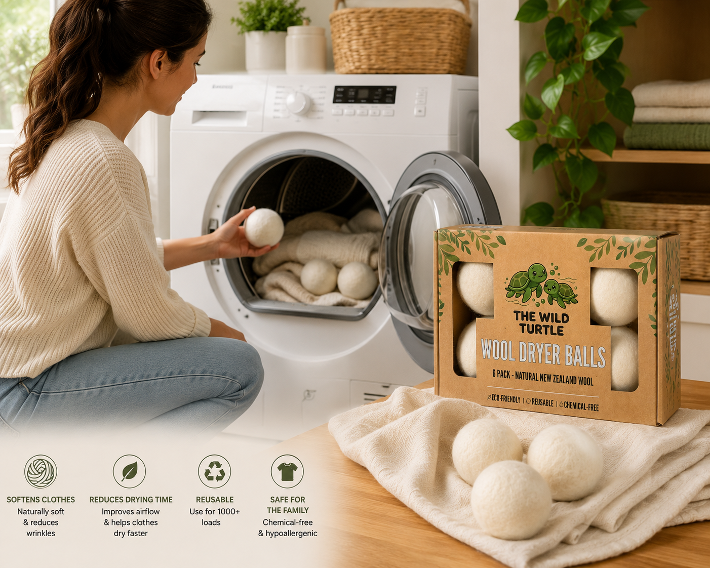 Wool Dryer Balls — Natural Fabric Softener, Dryer Sheet Replacement (6-Pack)