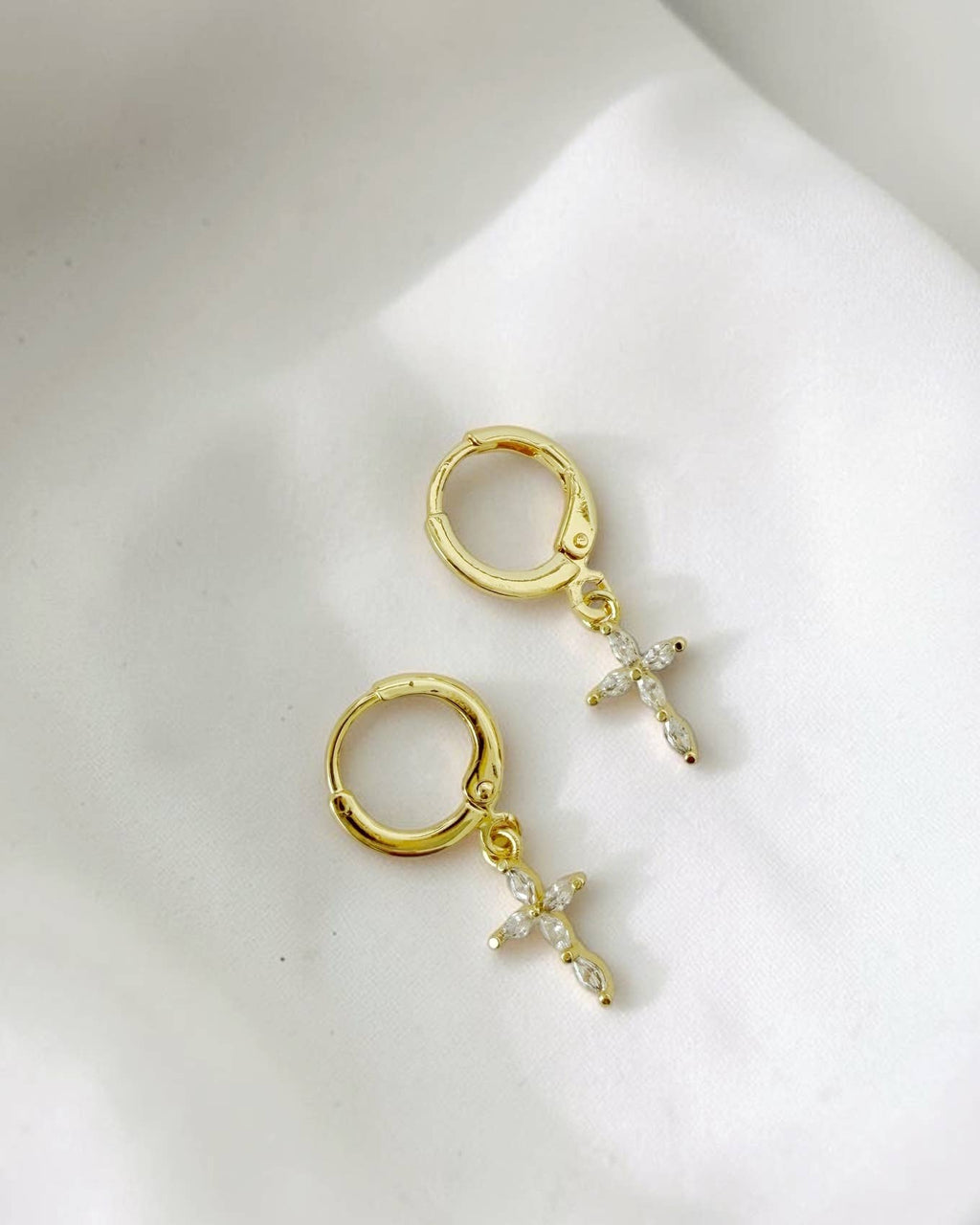 Kristina Religious Cross Huggie Hoops Gold Filled Earrings