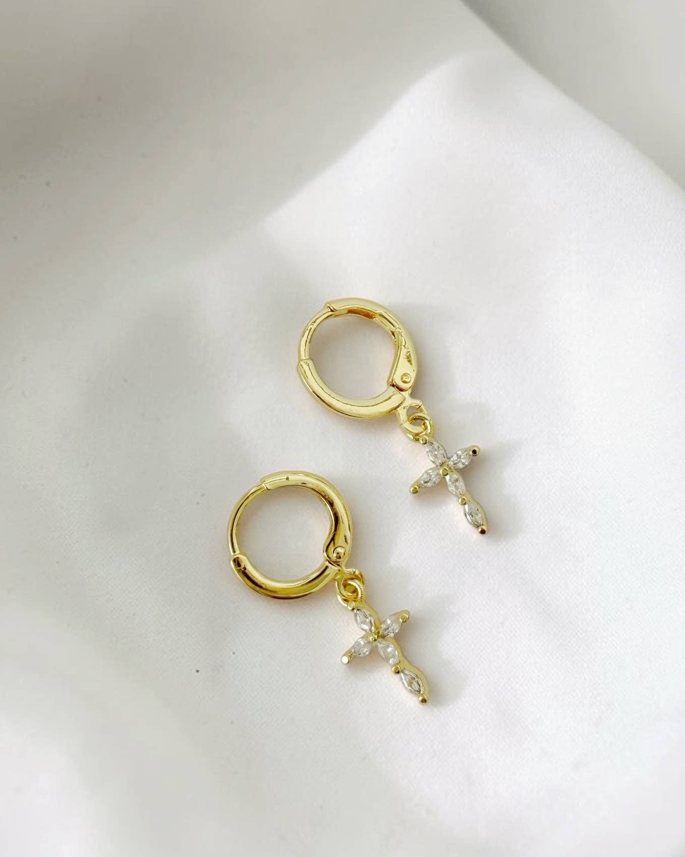 Kristina Religious Cross Huggie Hoops Gold Filled Earrings