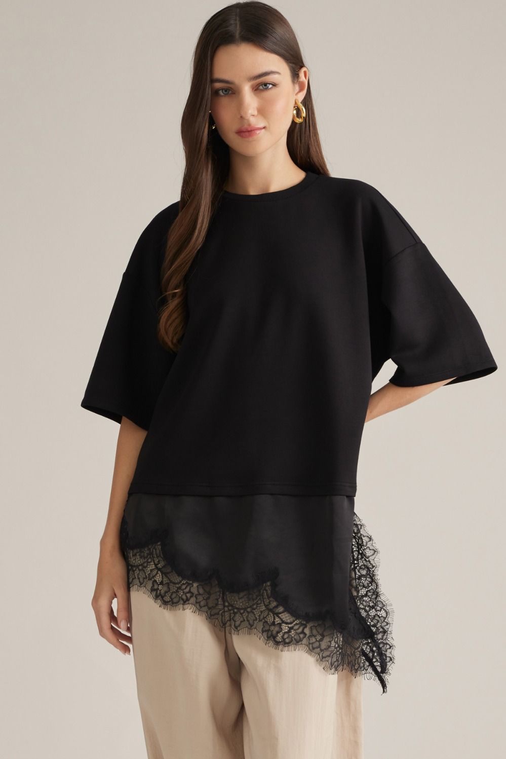 Short Sleeve Black Lace Trim Shirt