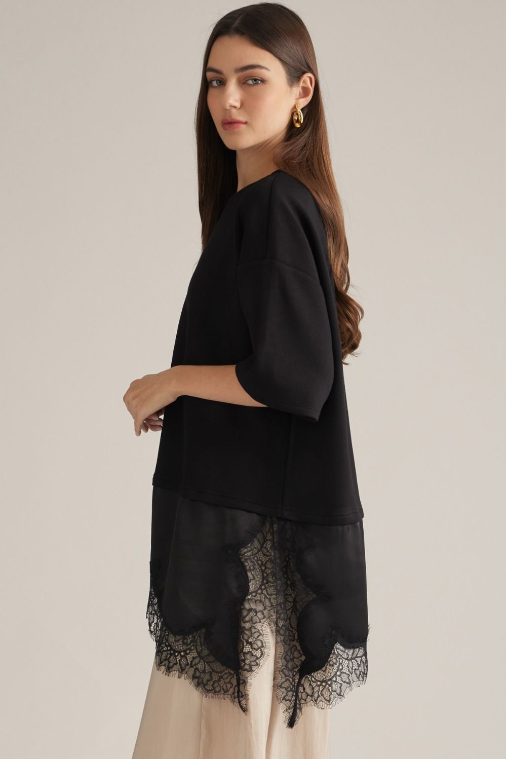 Short Sleeve Black Lace Trim Shirt
